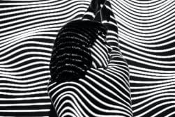 A black and white photo of a woman with a striped background.