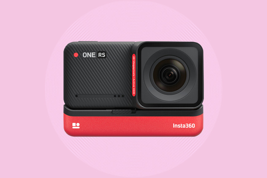 a red and black camera on a pink background.