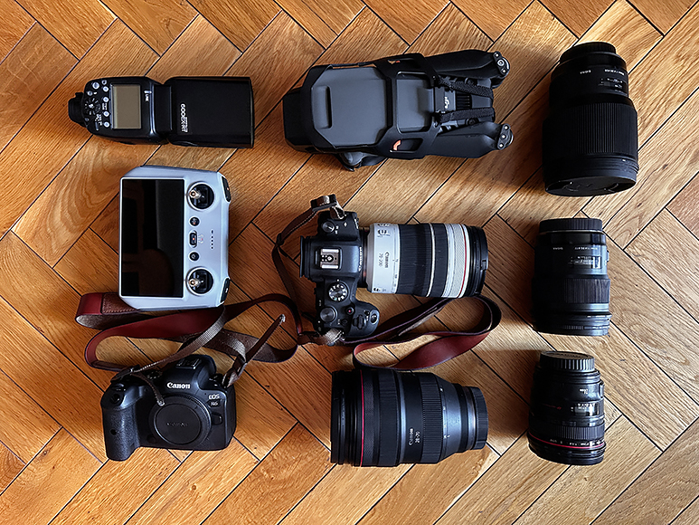A camera on a wooden floor.